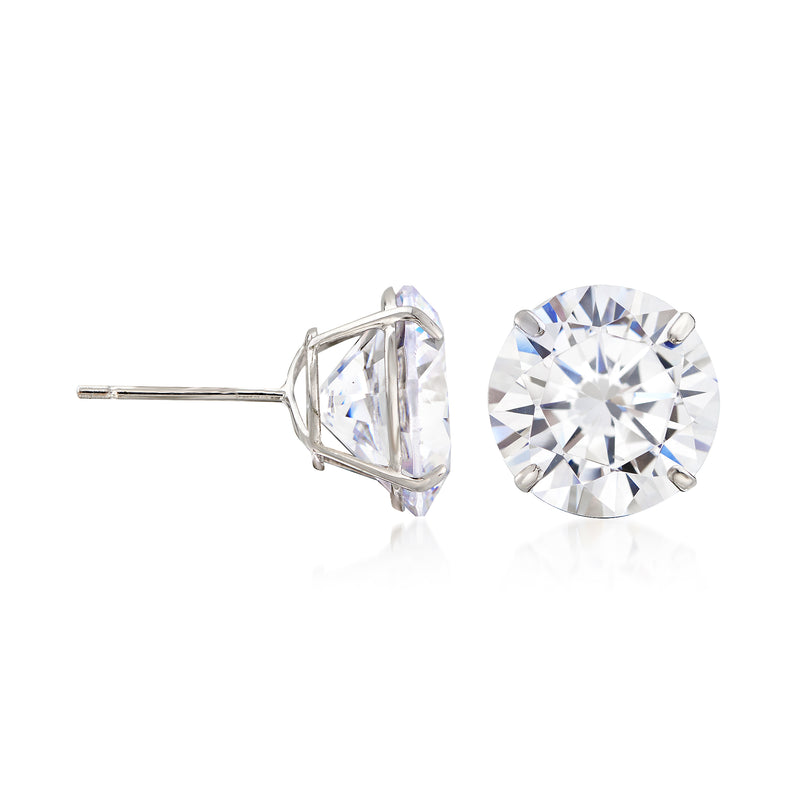 Round CZ stud earrings in 14kt white gold, side view of posts and bezel settings