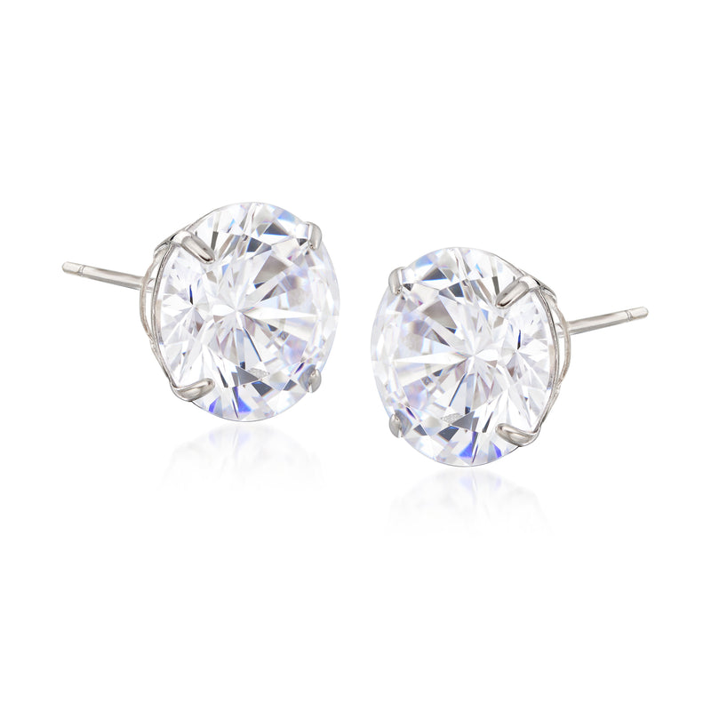 Round CZ stud earrings in 14kt white gold, front close-up of two stones
