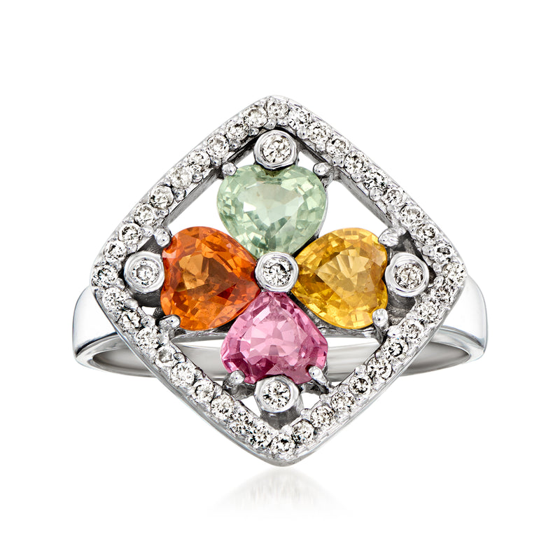 Heart-shaped multicolored sapphire ring in white gold with diamond halo
