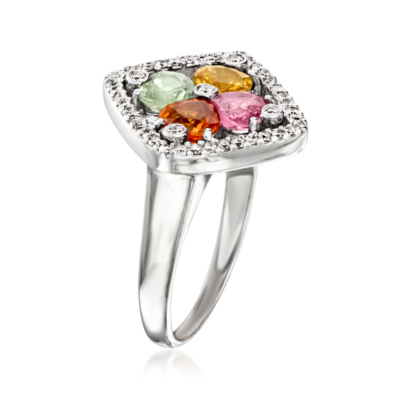 Side view heart-shaped multicolored sapphire ring in white gold with round diamonds