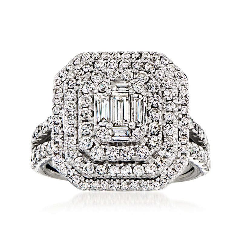 Vintage diamond cluster cocktail ring in white gold, oval halo and baguette center