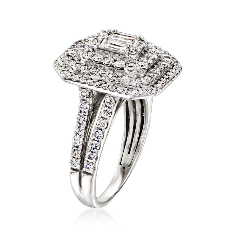 Diamond halo cocktail ring with baguette center, white gold band and split shoulders
