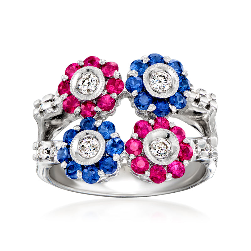 White gold flower cluster ring with pink ruby, blue sapphire, and diamond accents.