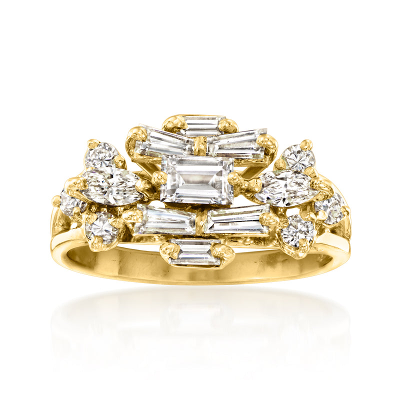 18kt yellow gold diamond cluster ring with emerald-cut center and round side stones
