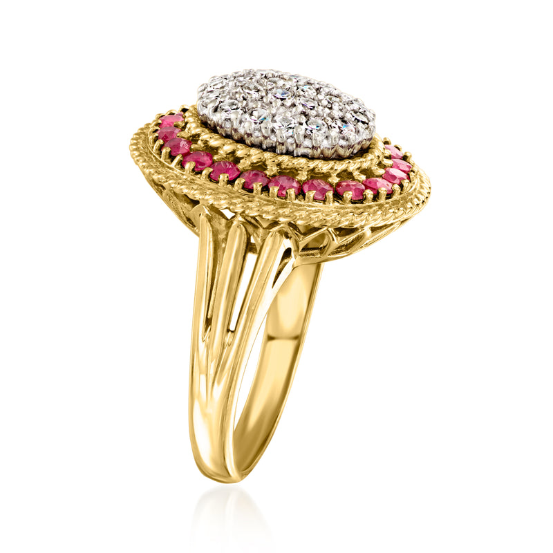 18k yellow gold ring with oval diamond cluster top and ruby halo border