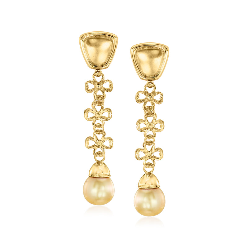 Yellow gold drop earrings with golden cultured pearl and ornate floral goldwork