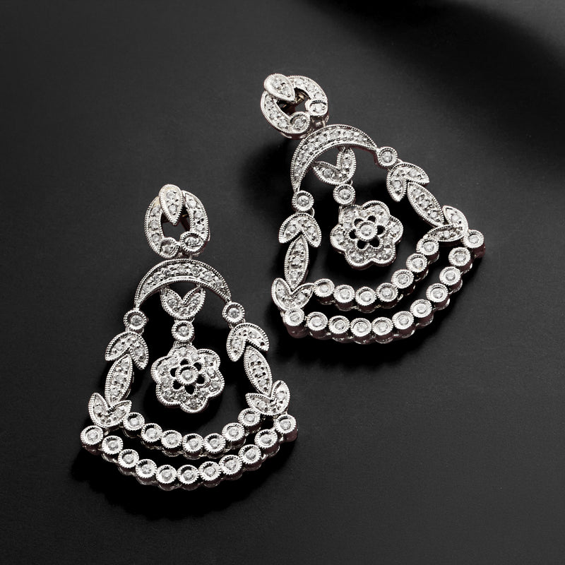Diamond-look chandelier earrings with heart and floral motifs, scalloped halo and bead drops