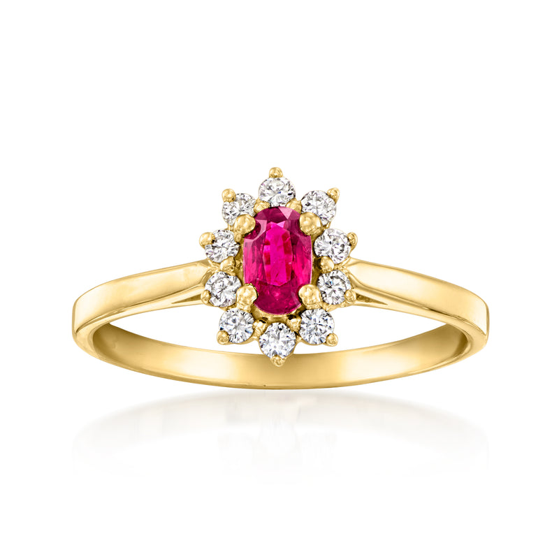 Vintage 14k yellow gold ring with oval ruby center and round diamond halo