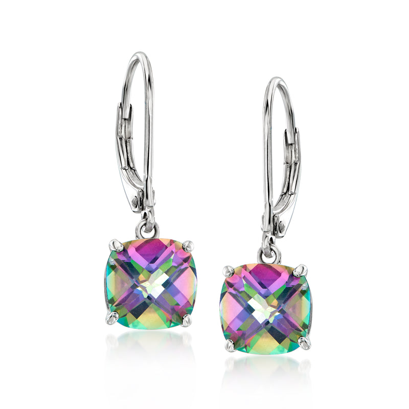 Sterling silver leverback drop earrings with multicolored cushion topaz