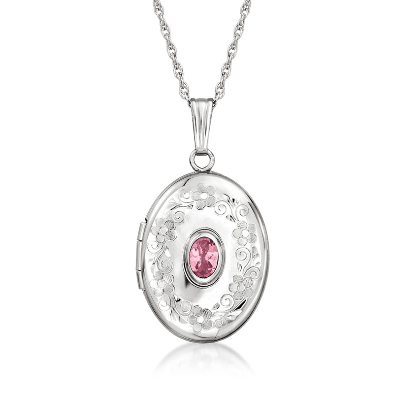Sterling silver oval floral locket necklace with pink oval gemstone center on chain
