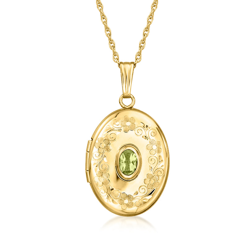 14kt yellow gold oval locket necklace with peridot-green center stone