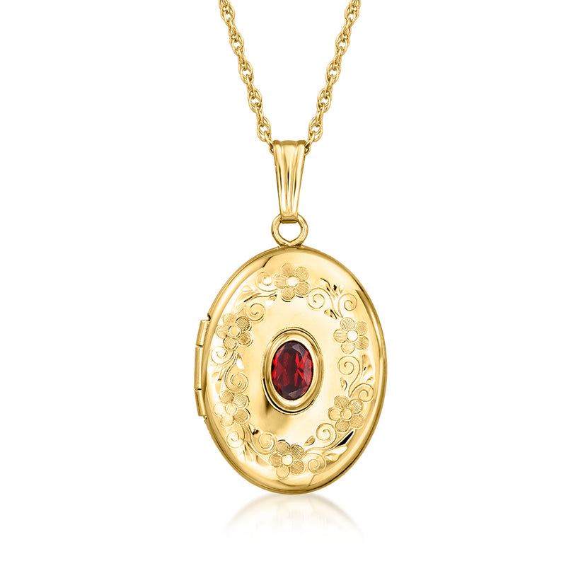 14kt yellow gold oval floral locket necklace with red oval garnet centerpiece