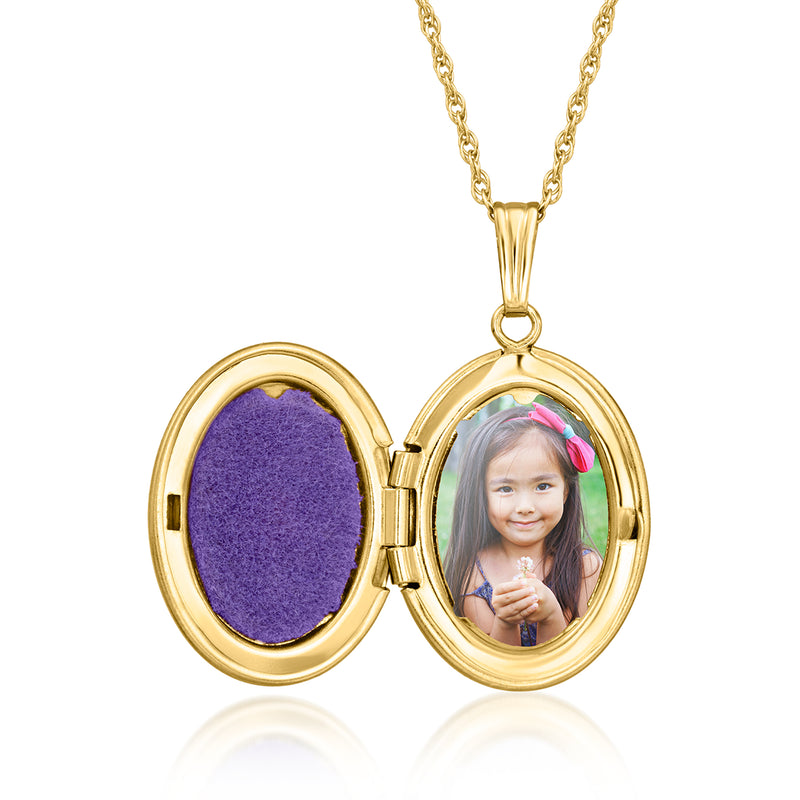 14kt yellow gold oval locket necklace open with photo insert and purple backing