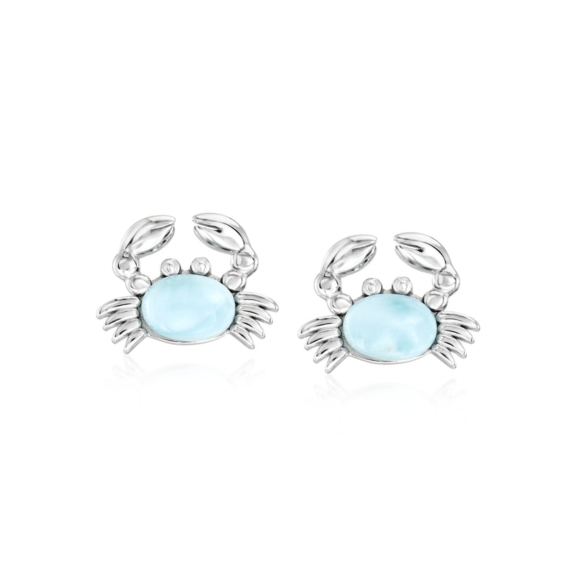 Sterling silver crab stud earrings with oval Larimar stone