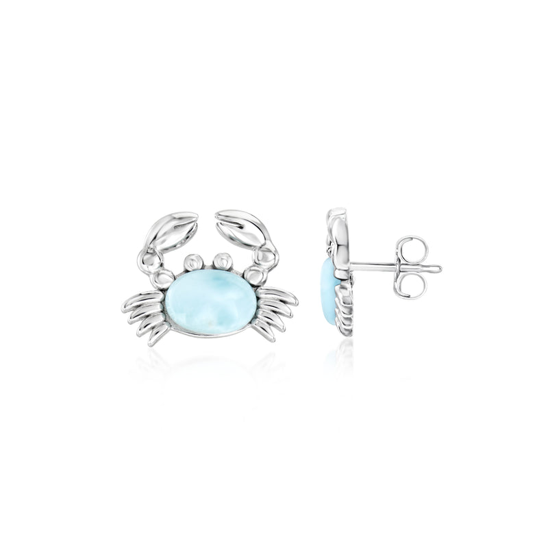 Sterling silver crab stud earrings with Larimar center and post-back