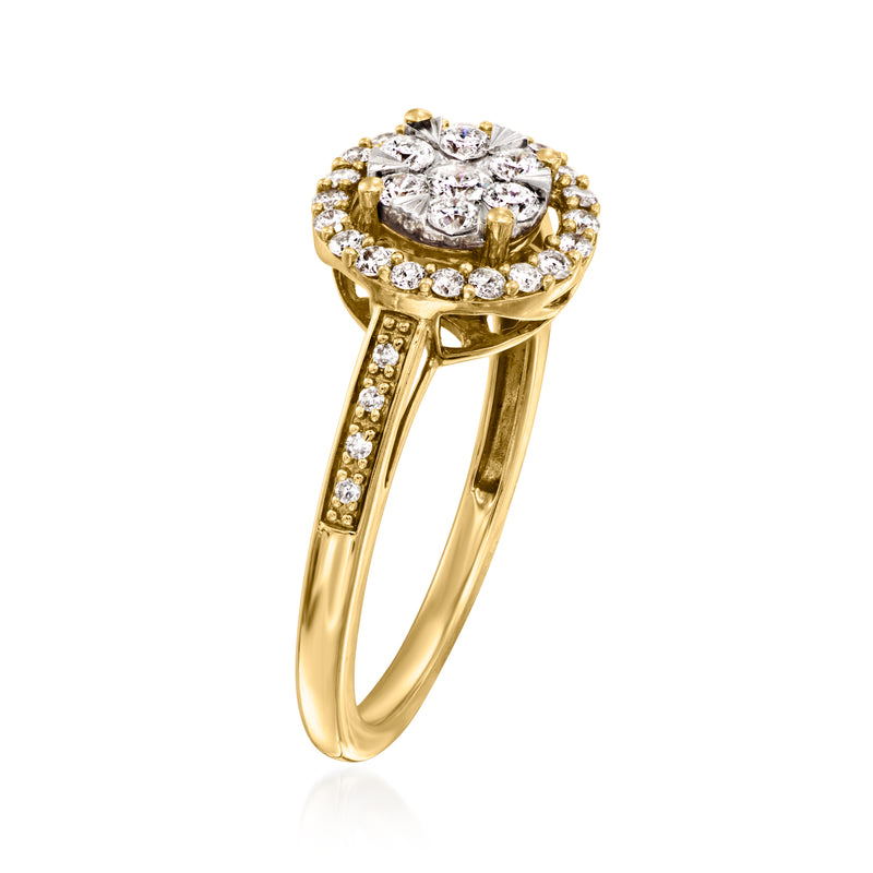 14kt yellow gold diamond cluster ring with round pavé-set side stones