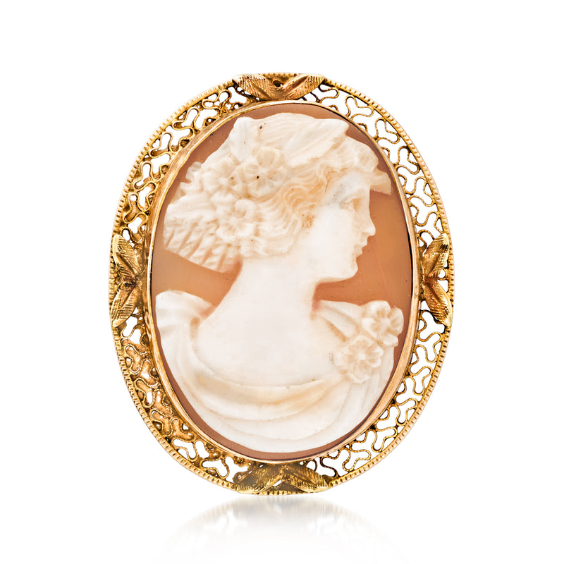 Oval shell cameo pin/pendant in 10kt yellow gold with sepia relief portrait