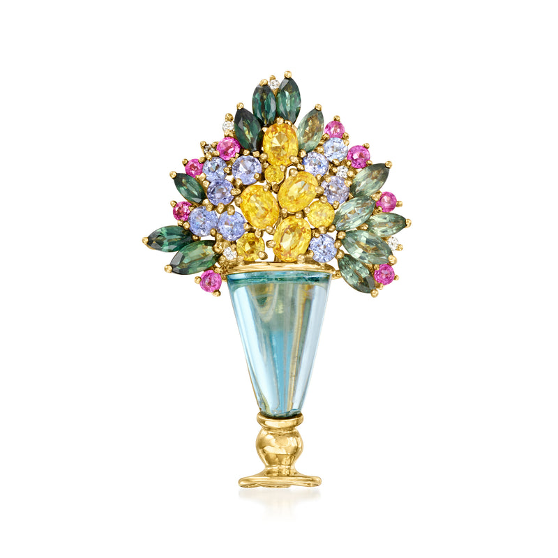 Gold vase pin with flower-shaped multicolor gemstones and clear diamond accents