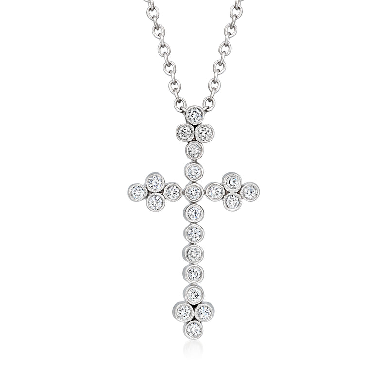Vintage diamond cross pendant necklace in white gold with round-cut stones