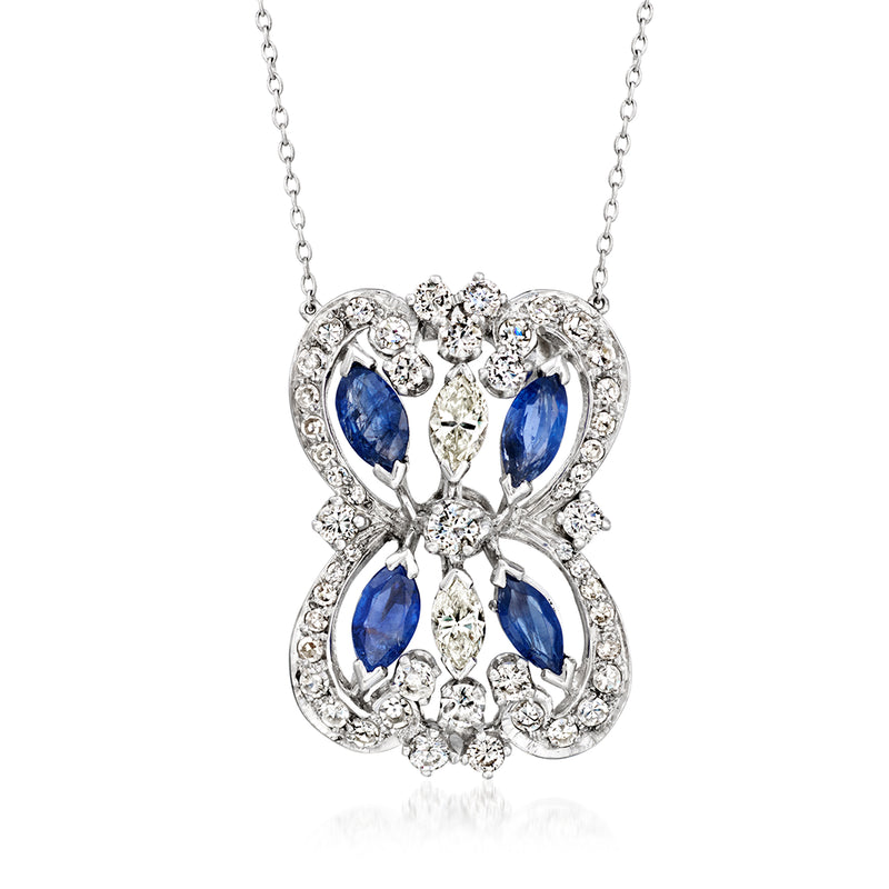 Vintage white gold sapphire and diamond pendant necklace with teardrop blue stones