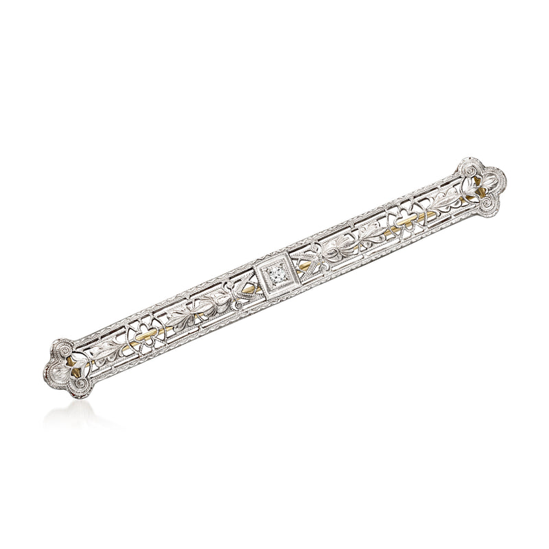 Diamond openwork bar pin, 14kt white gold with rectangular center and scroll ends