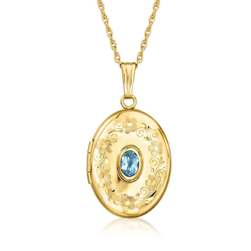 14kt yellow gold oval locket necklace with blue oval stone and floral engraving