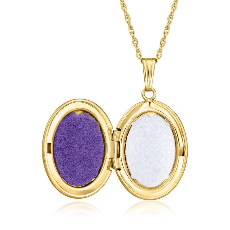 14kt yellow gold oval locket necklace open with purple and white oval inserts