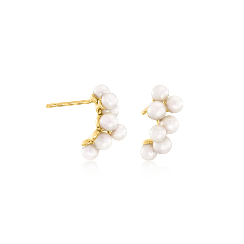 Gold post earrings with white cultured pearl clusters, 3–4 mm pearl drops