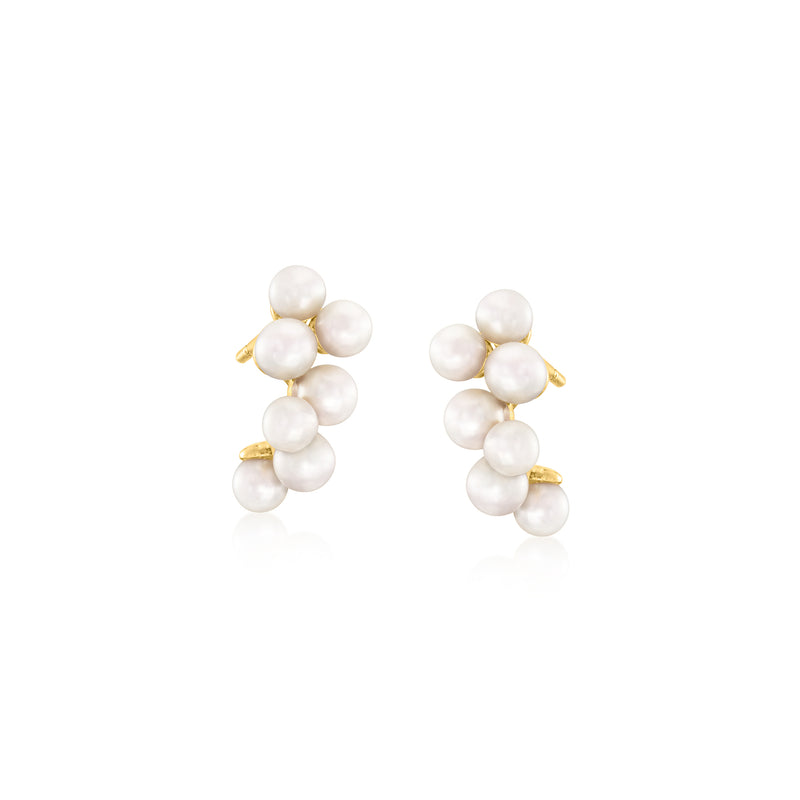 Gold post earrings with white cultured pearl cluster, round pearls in a trio