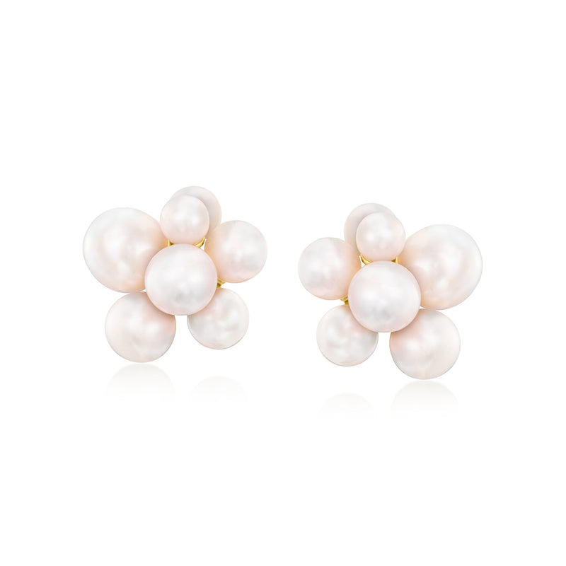 Cultured pearl cluster post earrings, white pearls on 18kt gold over sterling, flower design