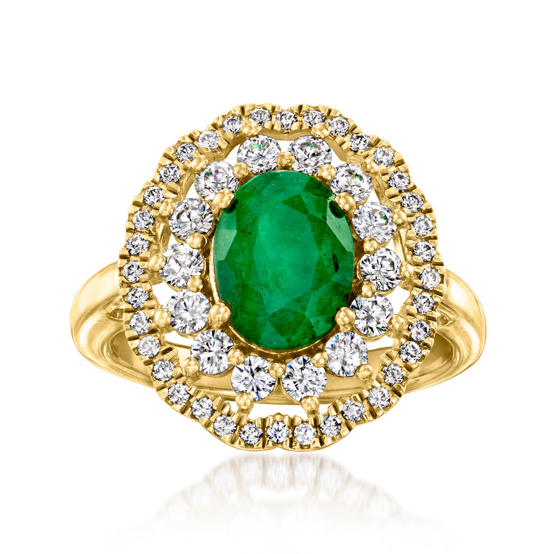 Gold oval emerald-green ring with white stone halo