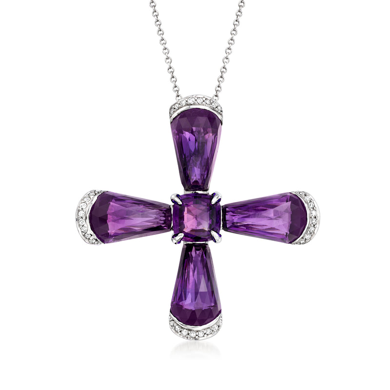Amethyst cross pendant necklace in white gold with diamond accents and purple stones