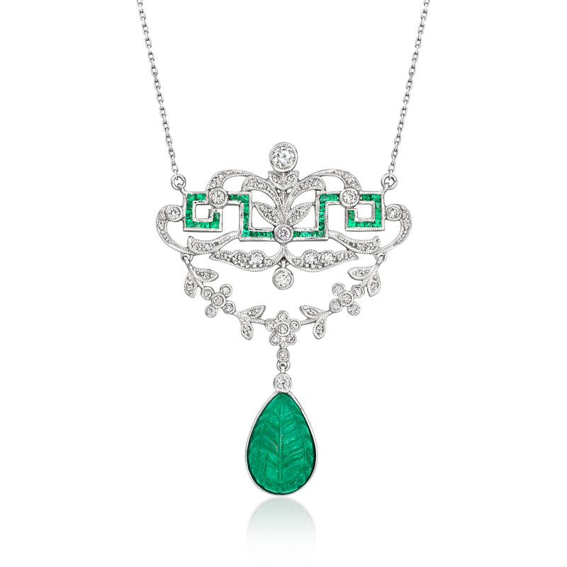 Openwork drop necklace in white gold with emerald green teardrop pendant and diamond accents