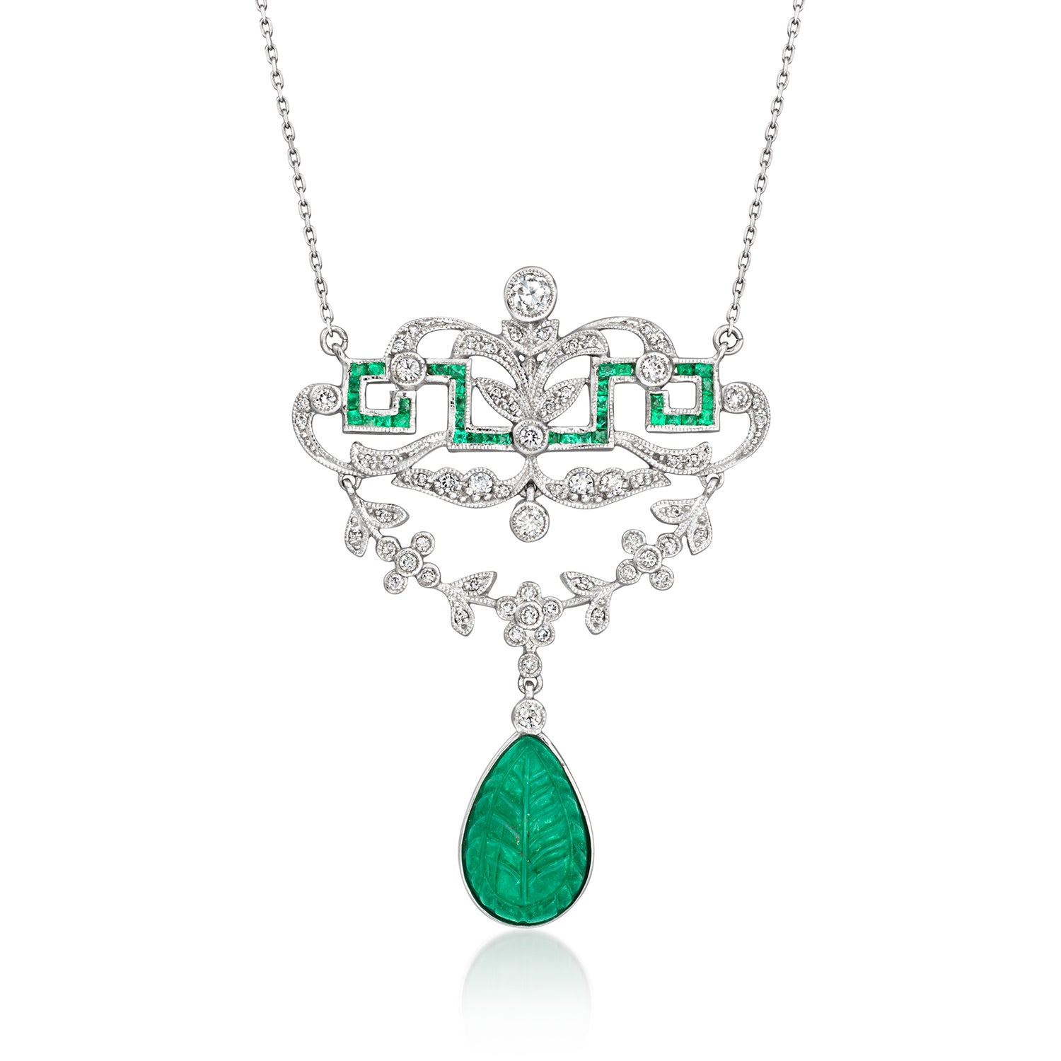 C. 1990 Vintage 5.50 ct. t.w. Emerald and .79 ct. t.w. Diamond Openwork Drop Necklace in 18kt White Gold