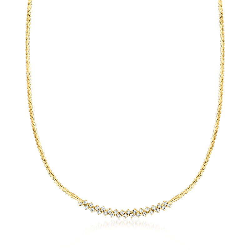 Yellow gold diamond station necklace with small round stones along curved row