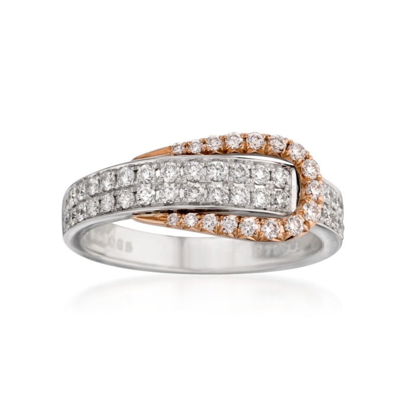 Two-tone 18kt gold diamond buckle ring with sparkling side-set rows