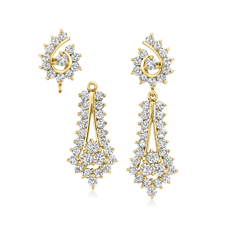 18kt yellow gold diamond drop earrings with circular halo tops and chandelier drops