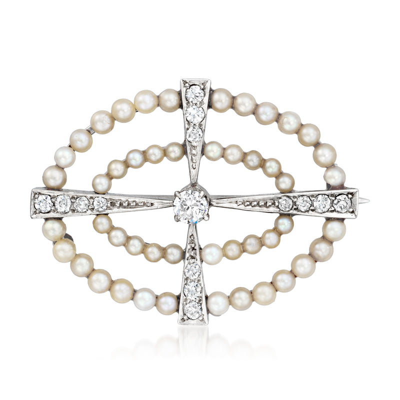 Cultured pearl and diamond oval pin with platinum-toned metal cross motif