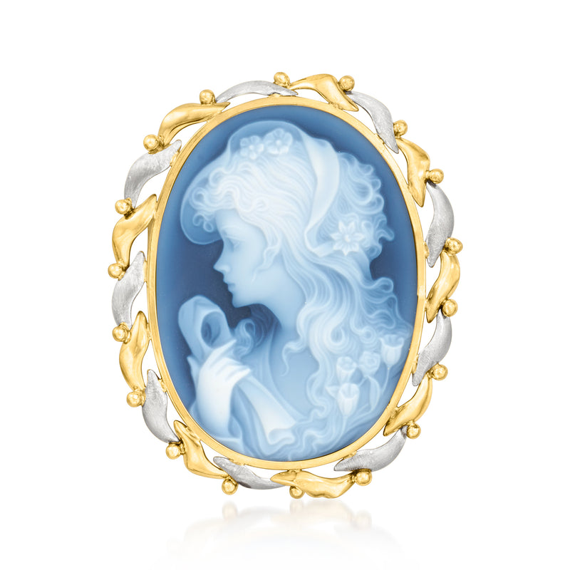 Vintage left-facing blue agate cameo pin, platinum border, 14kt yellow-gold frame