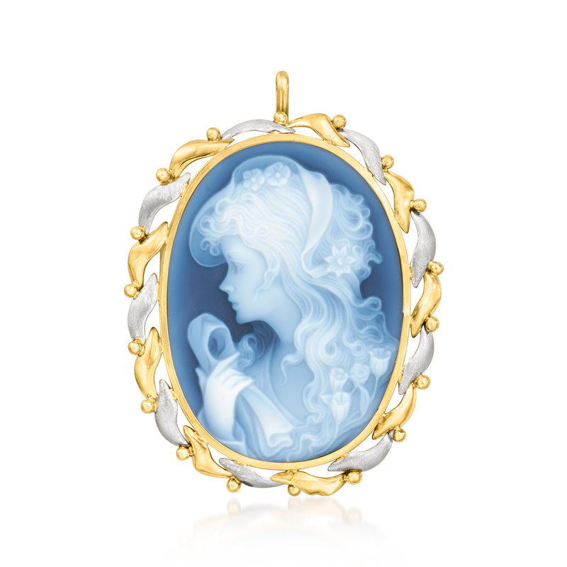 Vintage left-facing blue agate cameo pendant pin with gold beaded surround and platinum edge