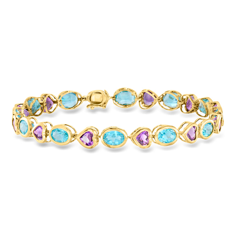 14kt yellow gold heart bezel bracelet with amethyst purple and blue topaz stones
