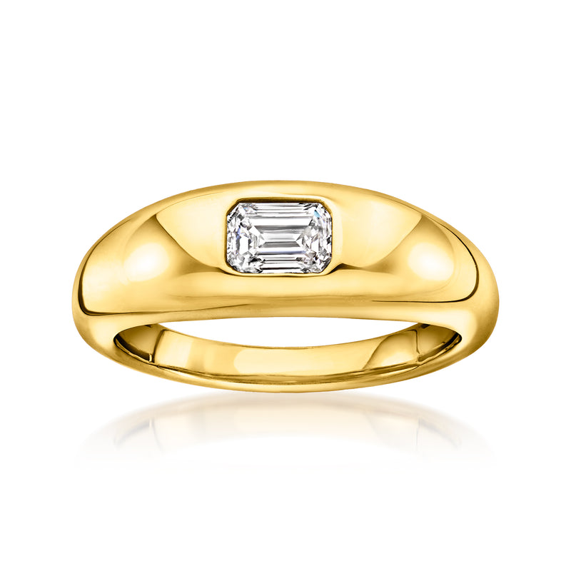 18kt gold over sterling ring with emerald-cut lab diamond in a bezel setting
