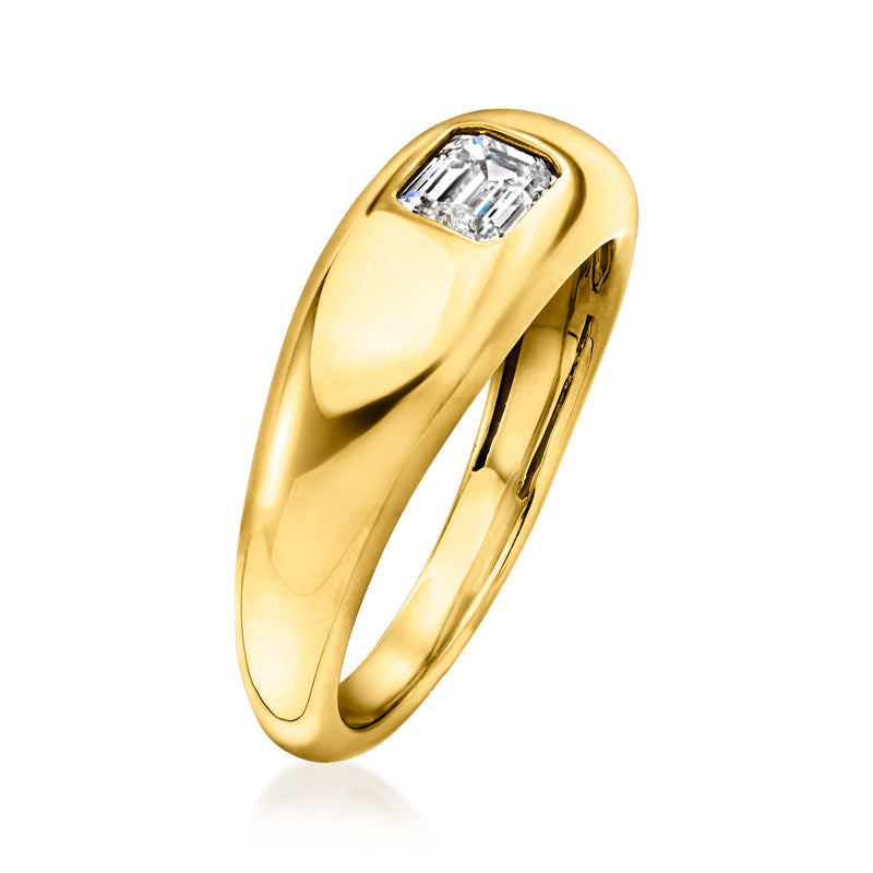 Gold over sterling ring with emerald-cut lab diamond, side view of bezel setting