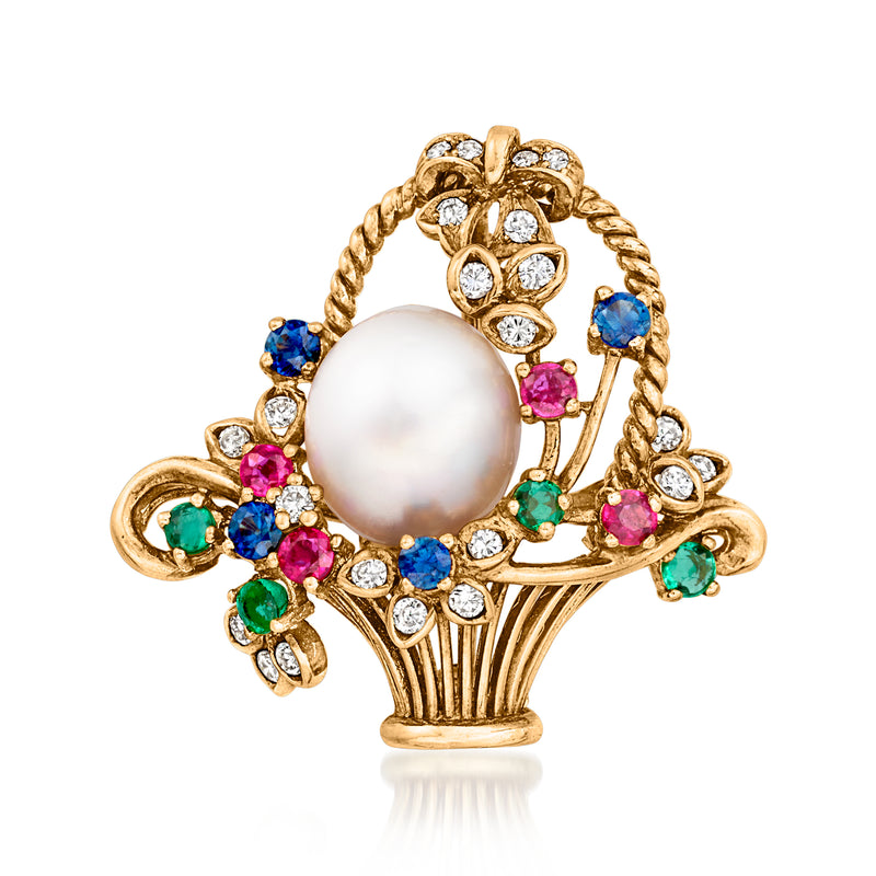 Gold flower basket pin with round cultured pearl center, multicolor gemstones and diamonds