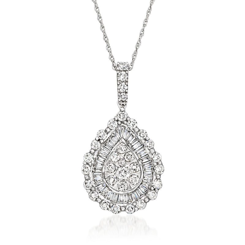 14kt white gold diamond cluster pendant necklace with teardrop center stone