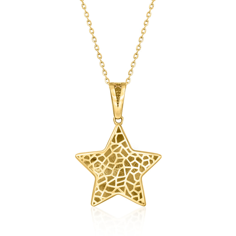 18kt yellow gold star pendant necklace with textured star face and chain