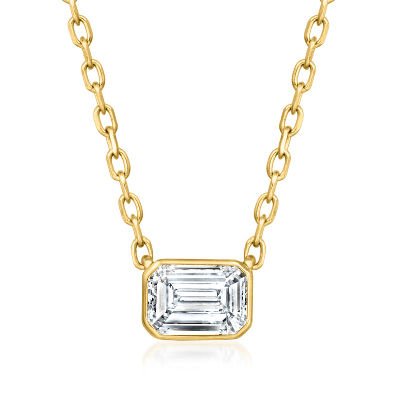 Gold chain necklace with square-cut lab-grown diamond pendant, east-west setting