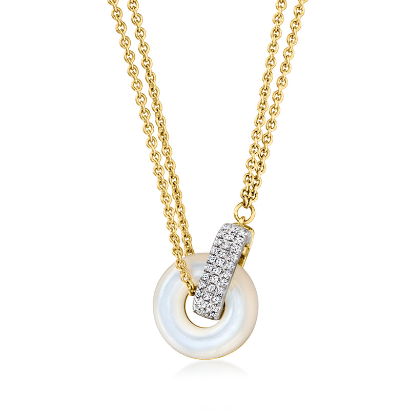 Gold necklace with mother-of-pearl circle pendant and diamond-set bar detail