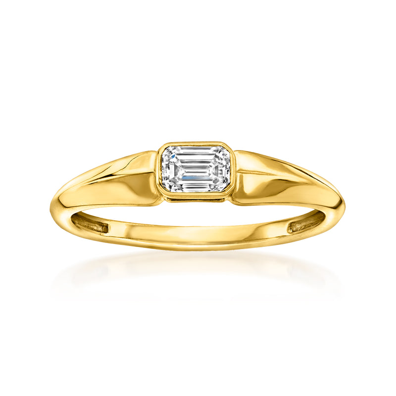 Gold over sterling ring with emerald-cut lab-grown diamond, polished rounded band