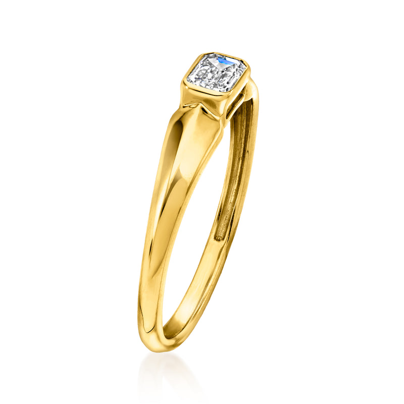 Gold over sterling ring with emerald-cut lab-grown diamond, angled profile view